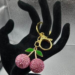 Keychain,Pink Glitter Cherrys With Leaves And Gold Accents NWOT